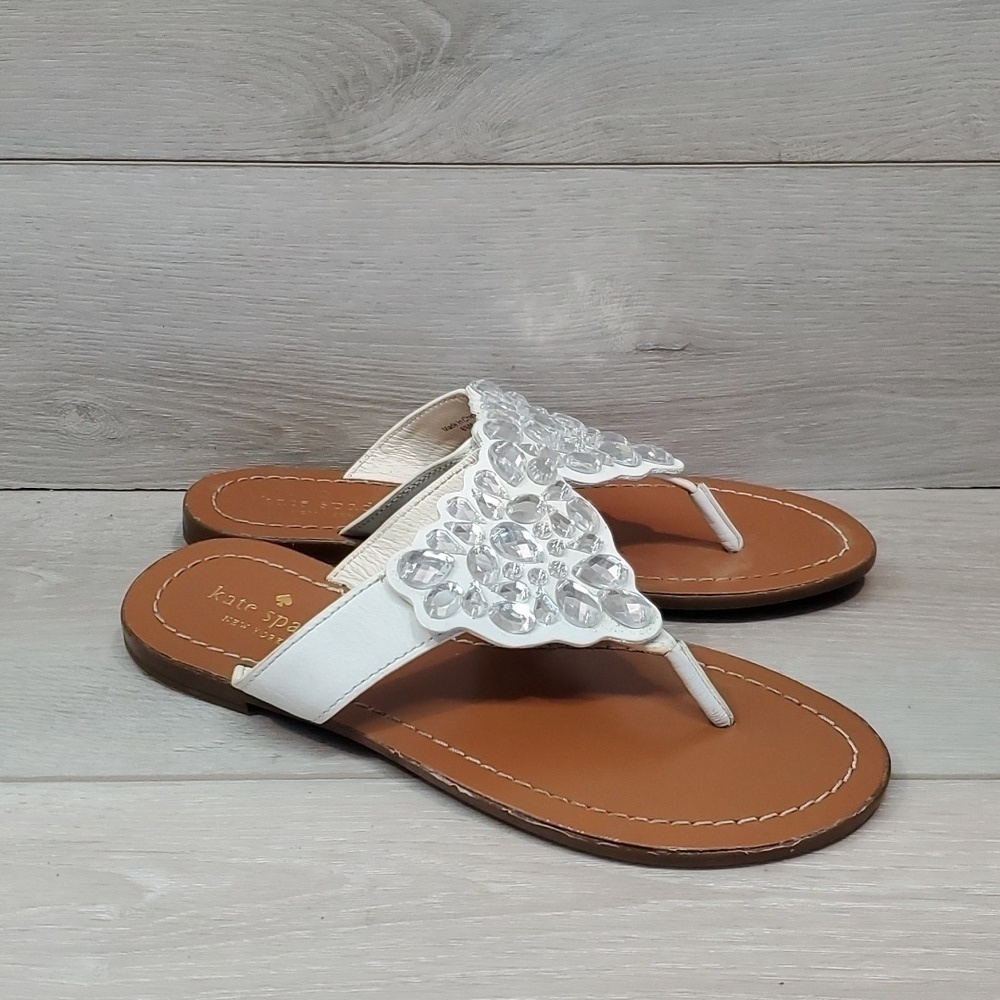 Kate Spade Women Thong Leather T strap Rhinestone Flats Sandals shoes sz 6.5M